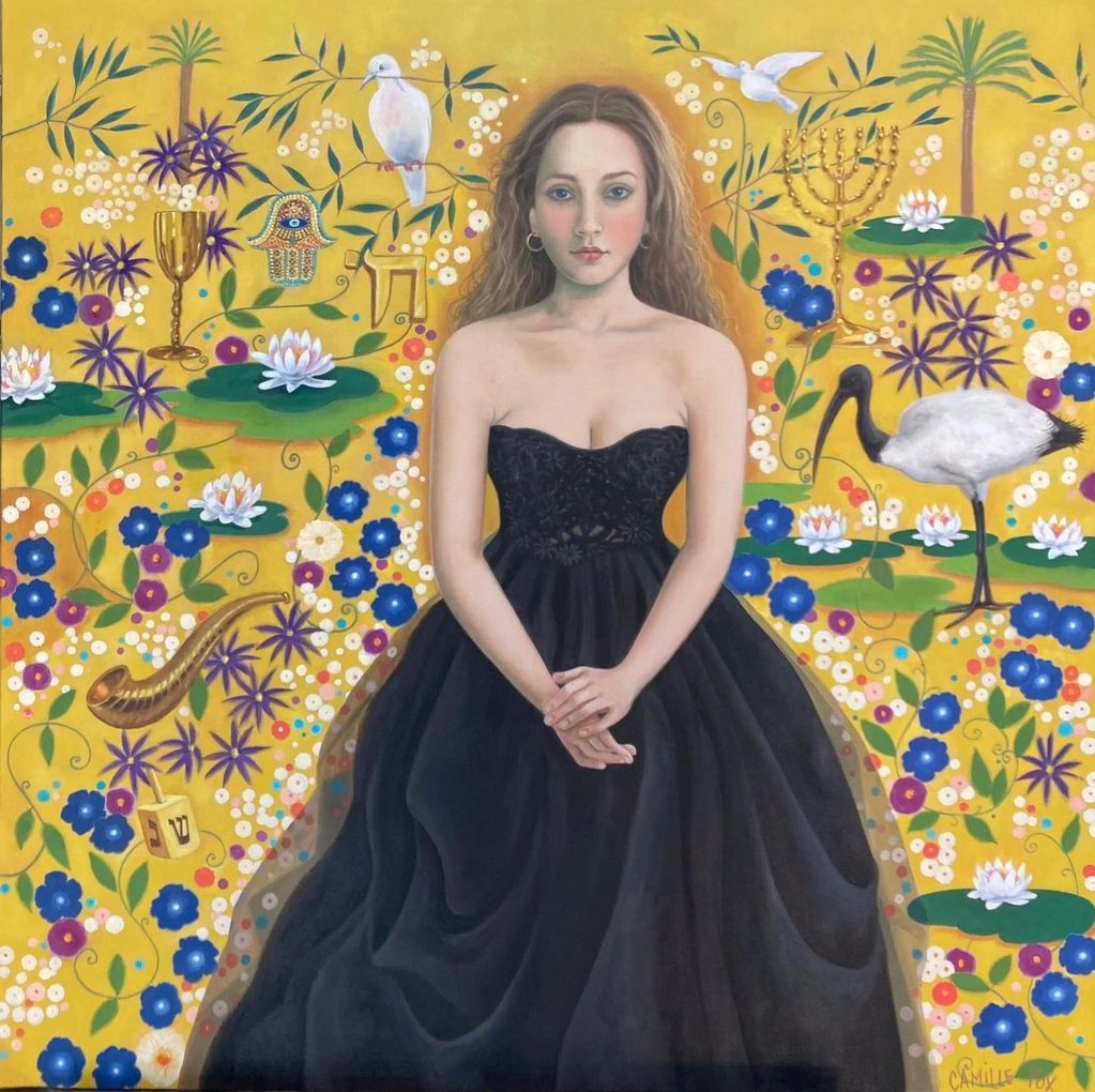 Woman in black dress with floral and symbolic background.