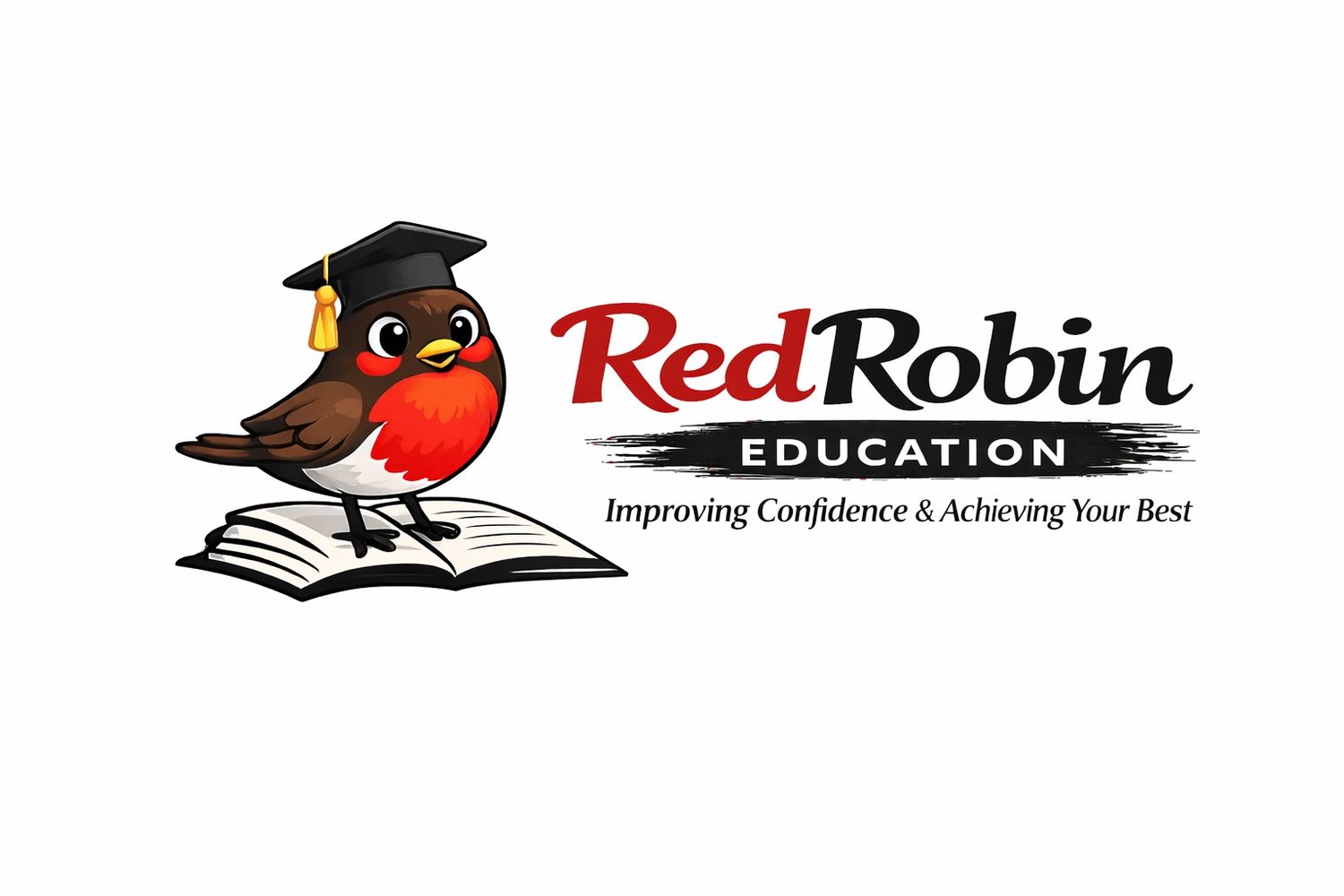 A red robin wearing a graduation cap stands on an open book, symbolizing education.