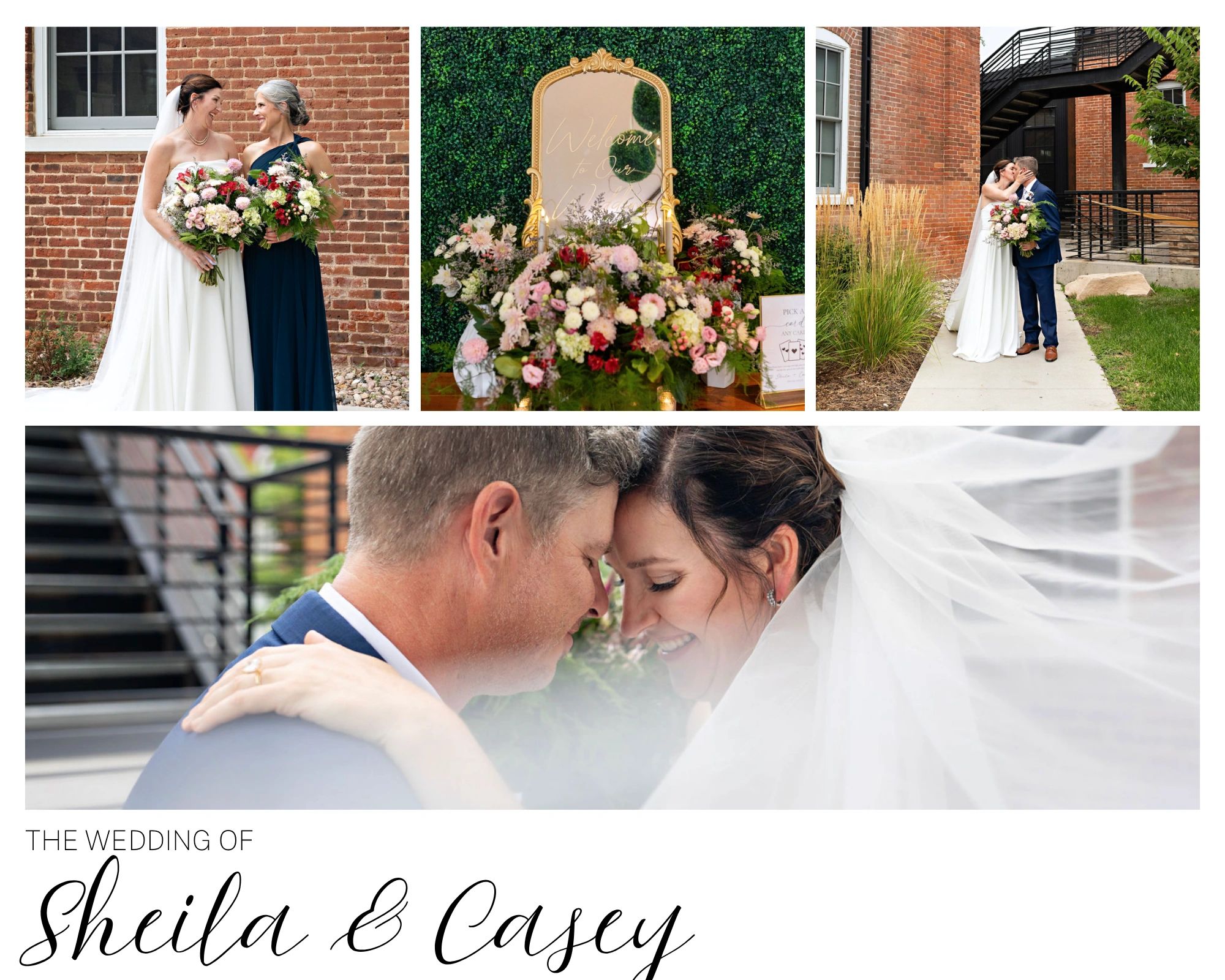 Wedding moments of Sheila and Casey outdoors with flowers and hugs.