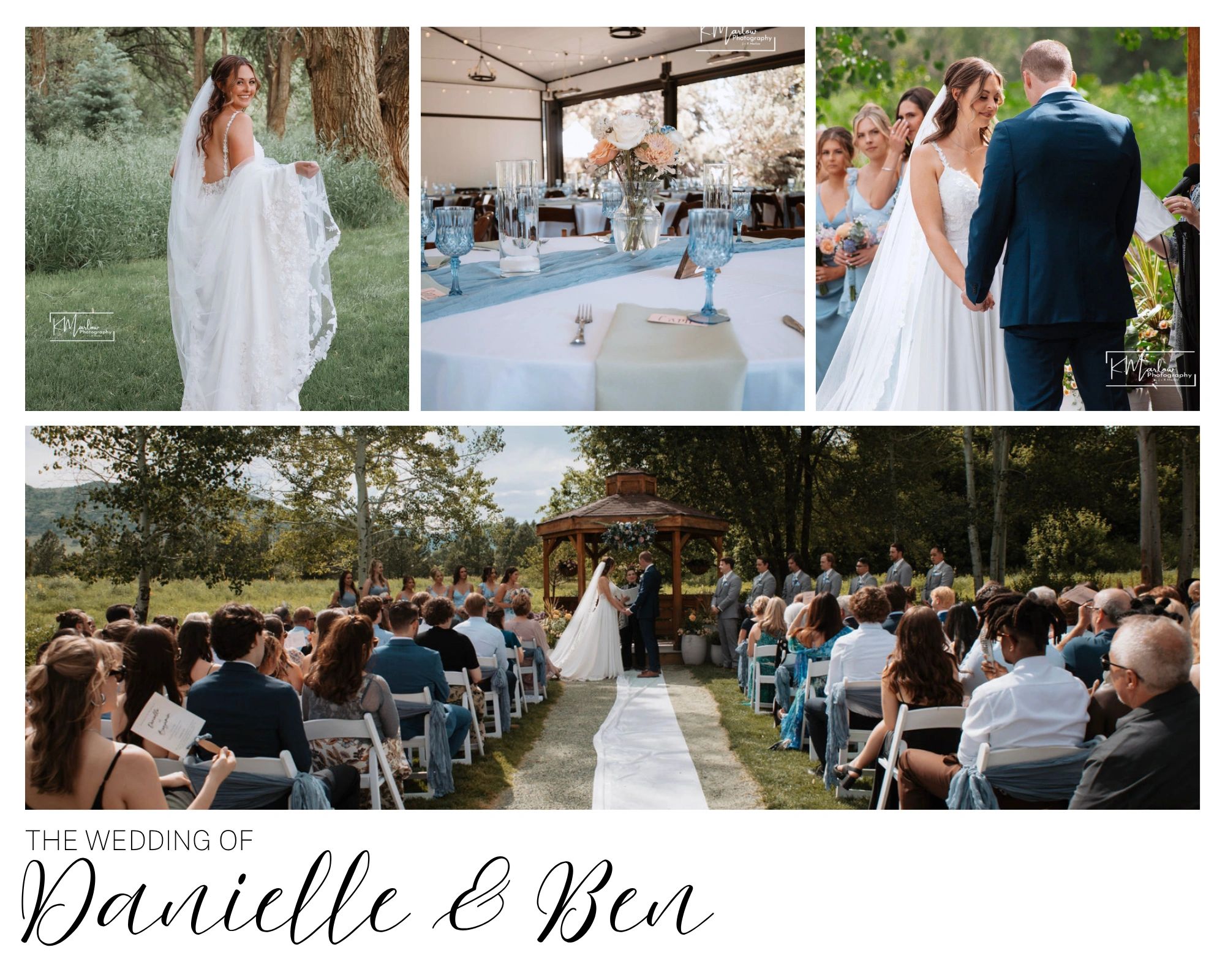 Elegant outdoor wedding ceremony with guests, bride, and groom.