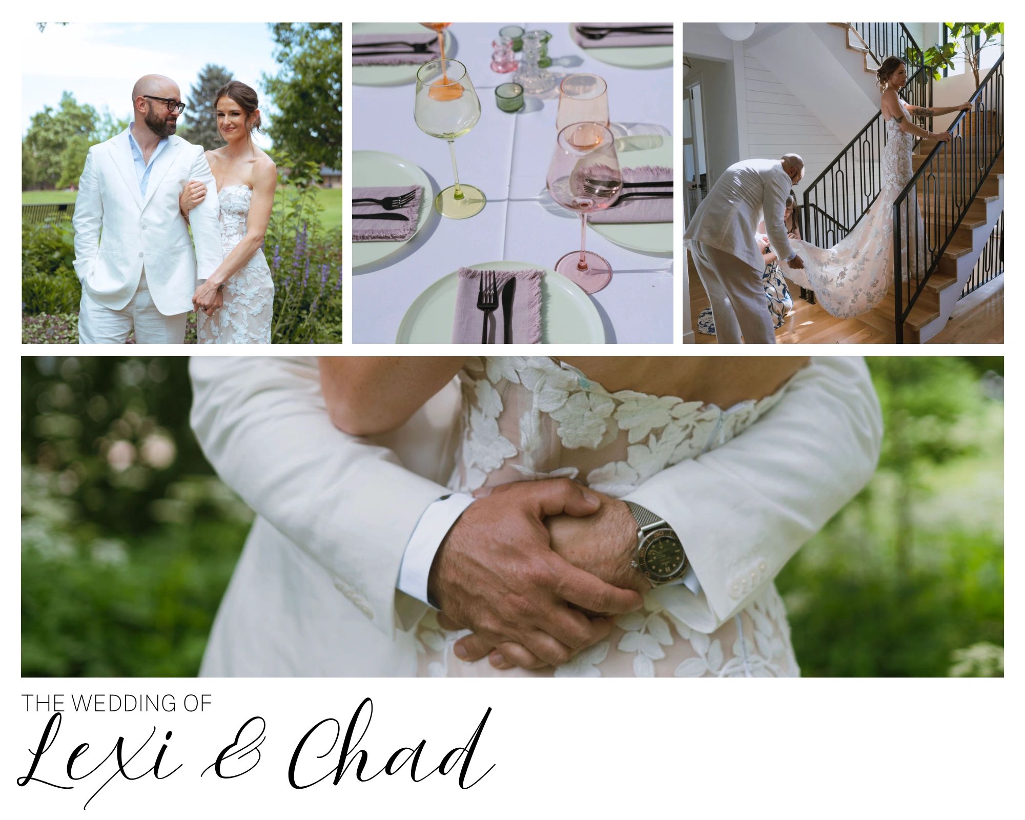 Wedding collage showing couple, table setting, and bride on stairs.