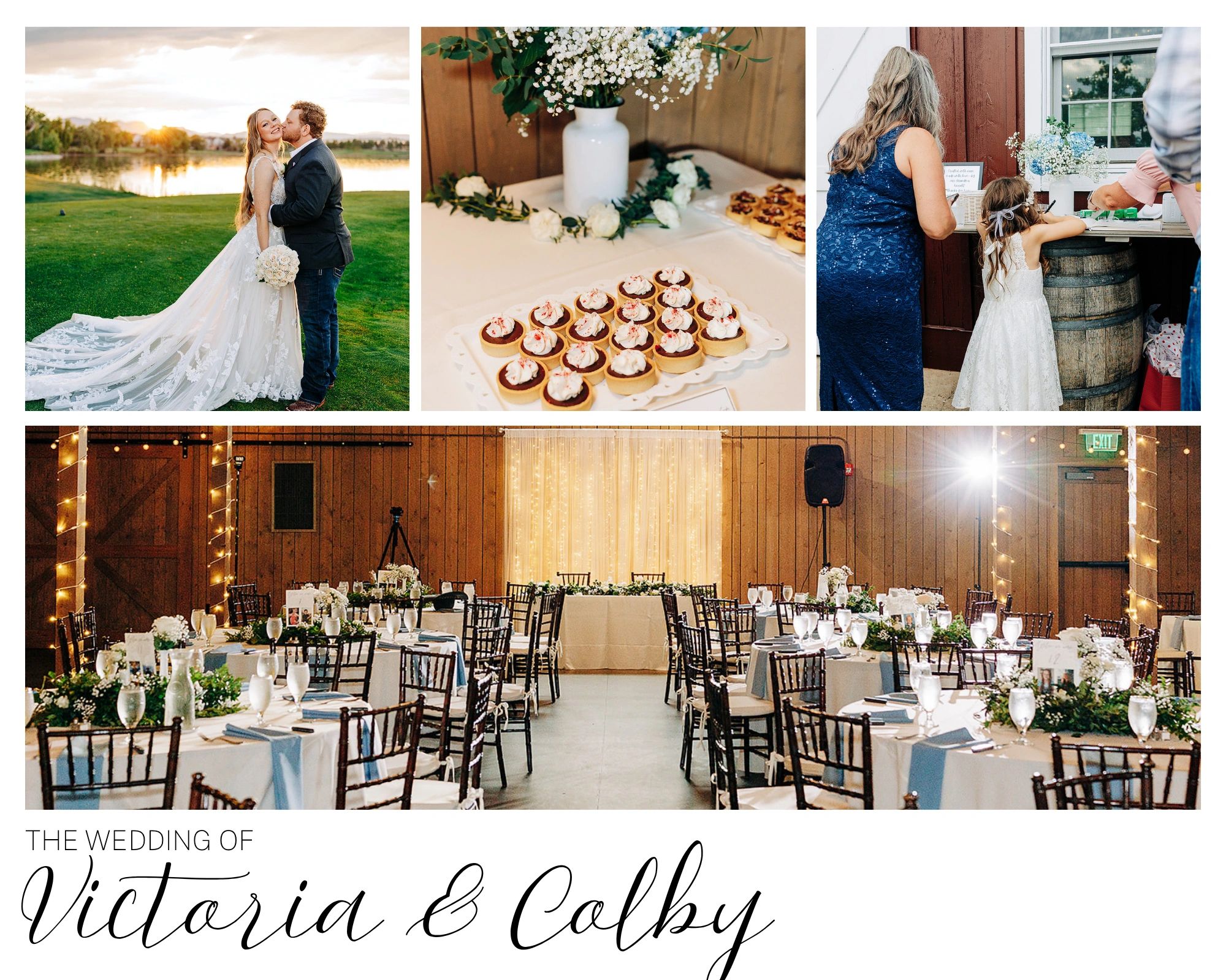 Wedding collage showing couple, desserts, guest signing, and decorated venue.