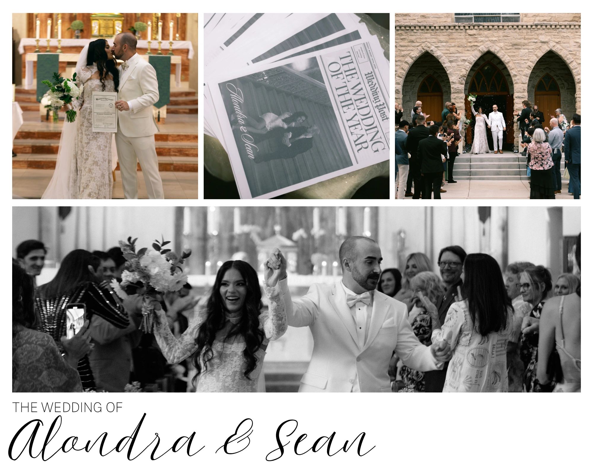 A wedding celebration of Alondra and Sean in a church with family and friends.