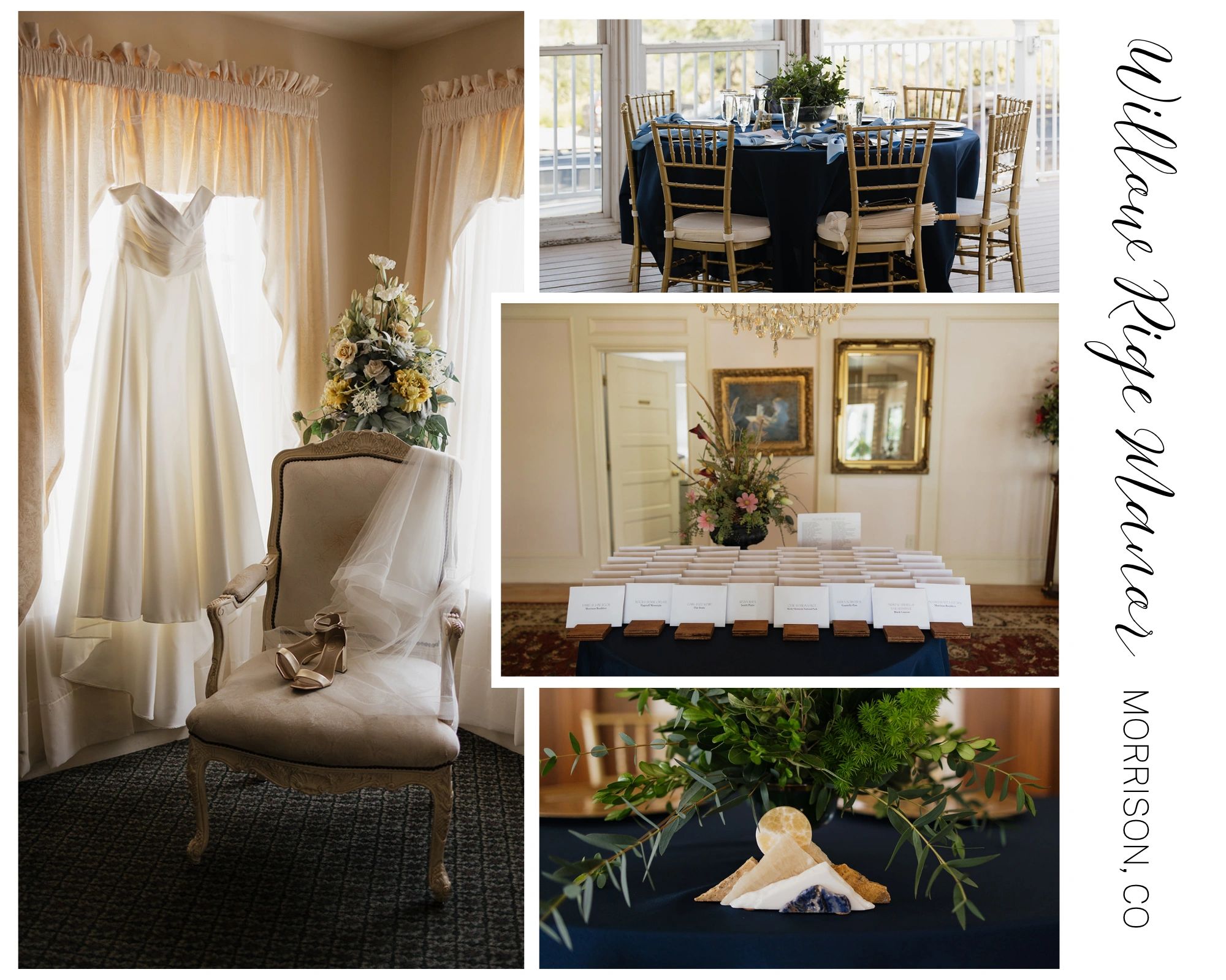 Wedding dress, table setting, and floral arrangements.