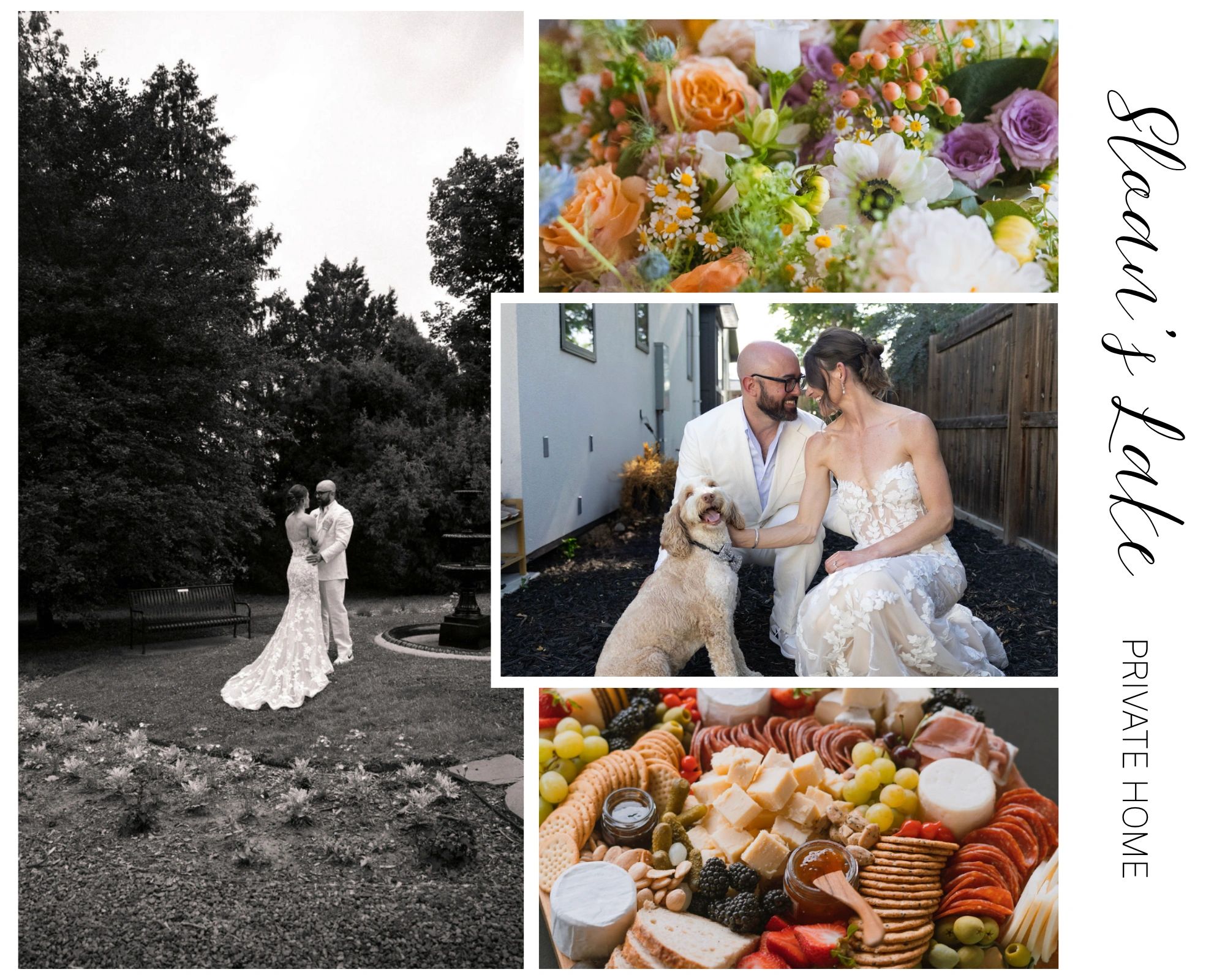 Collage of wedding moments: couple, florals, dog, and food spread.