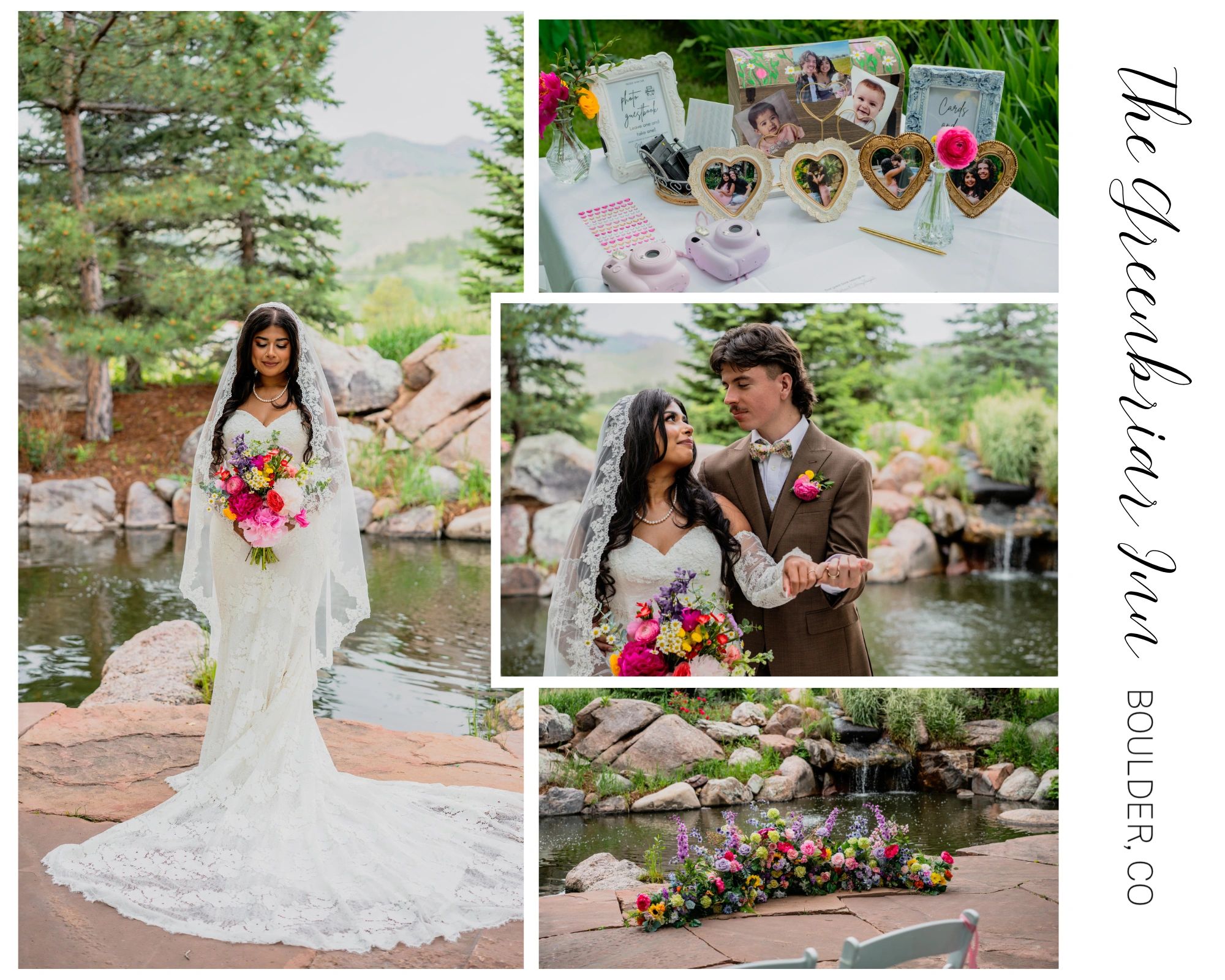 Bride in a lace veil holding a colorful bouquet by a pond.