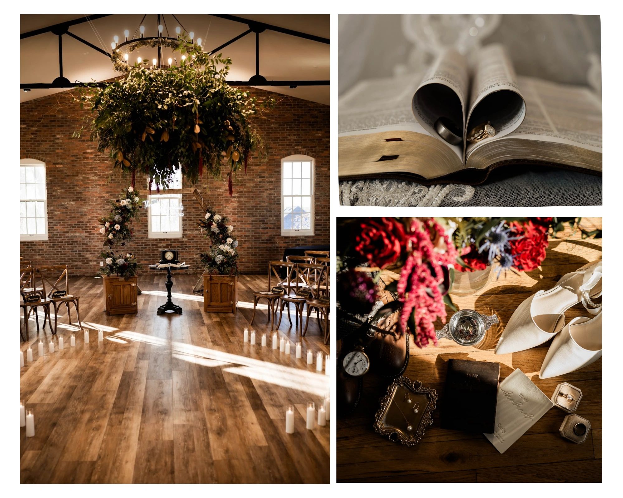 Wedding setup with floral arch, rings in a heart-shaped book, and bridal accessories.