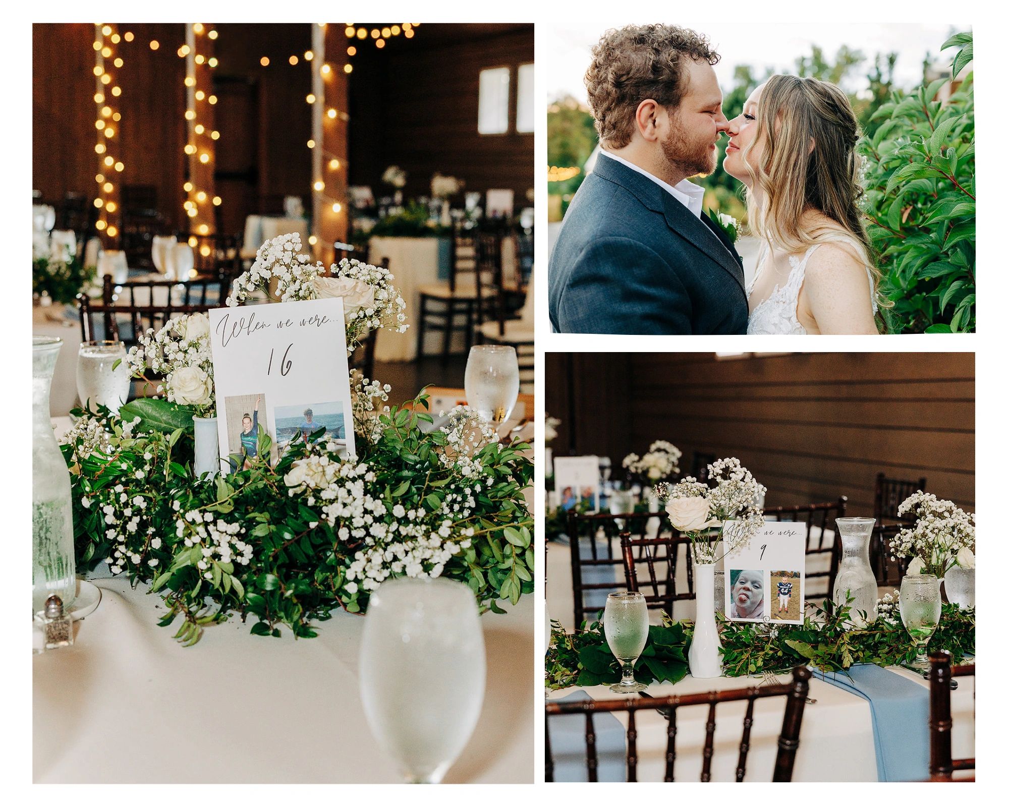 Wedding table centerpieces and newwed couple.