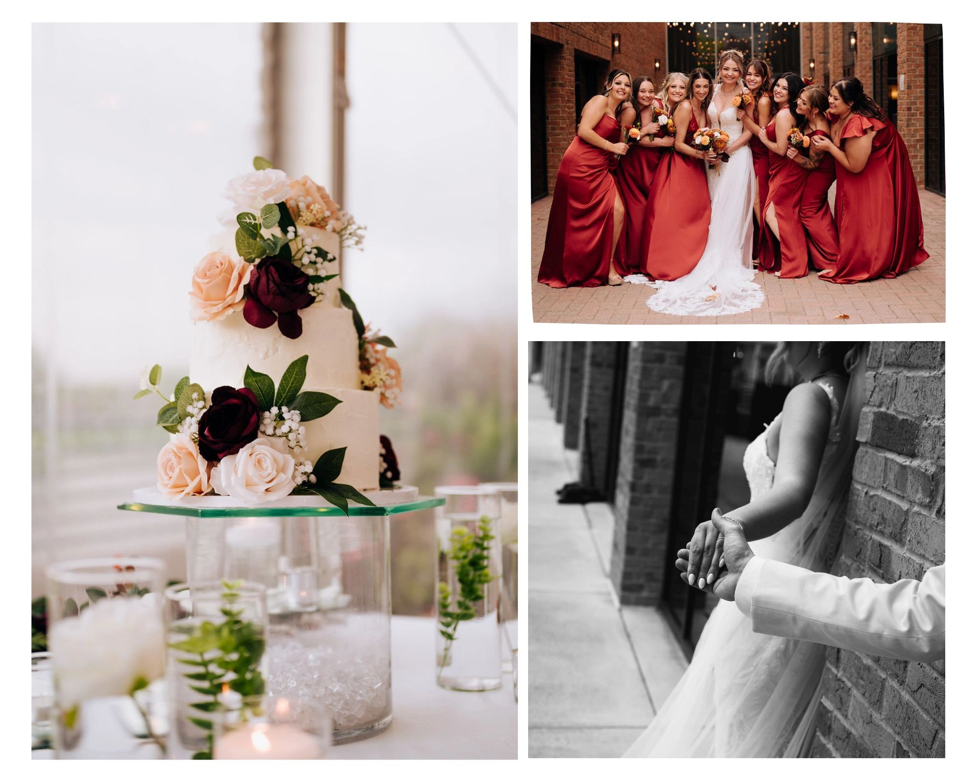 Wedding cake with flowers, bridesmaids with bride, and bride holding groom's hand.
