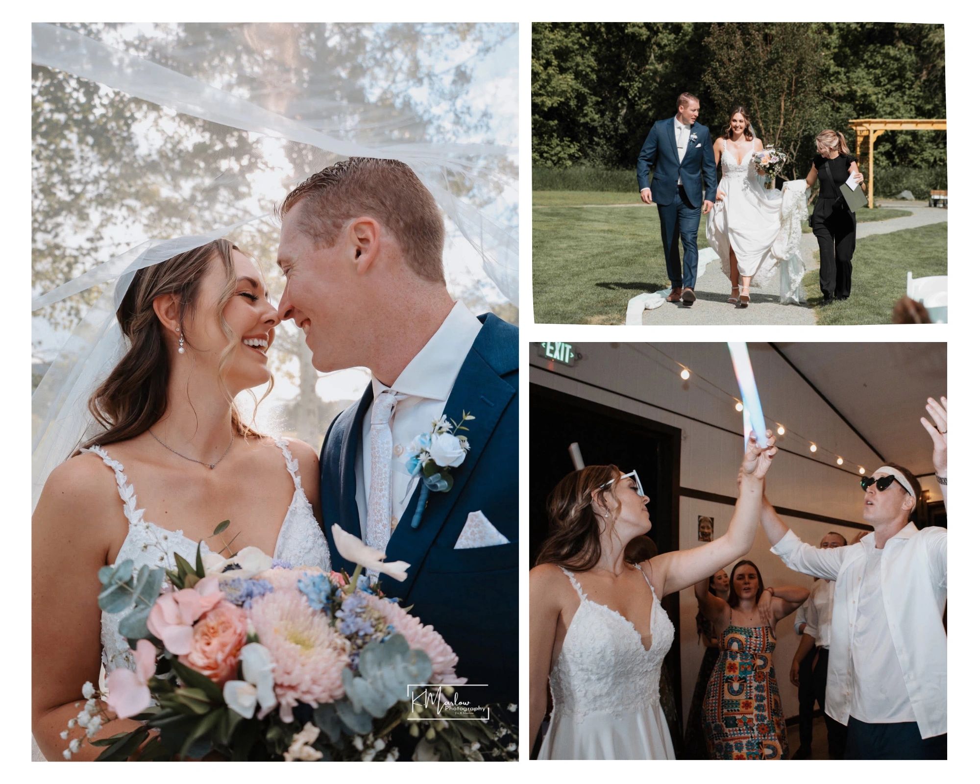 Joyful wedding moments with bride, groom, and guests.