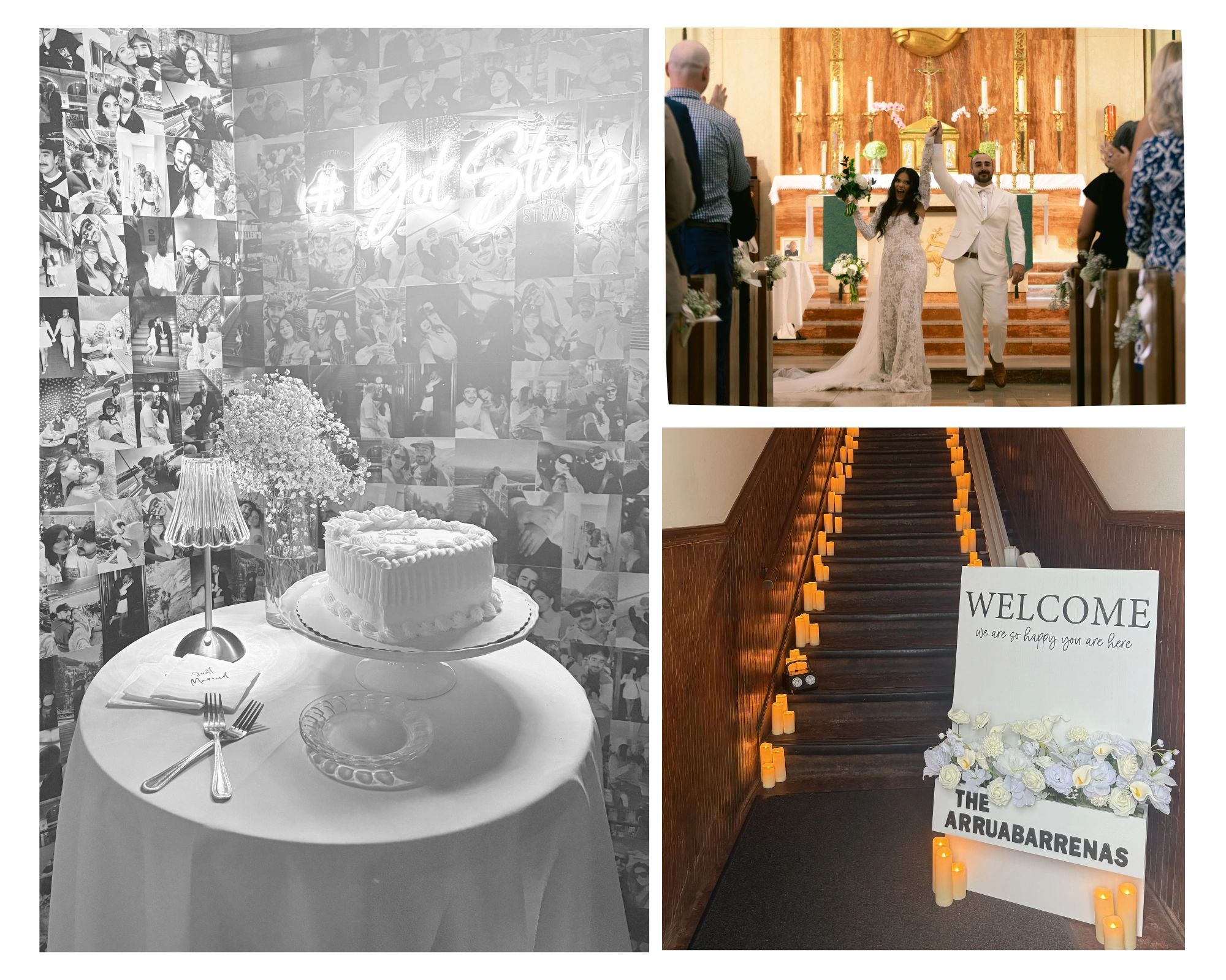 Wedding celebration with cake, couple, and decor.