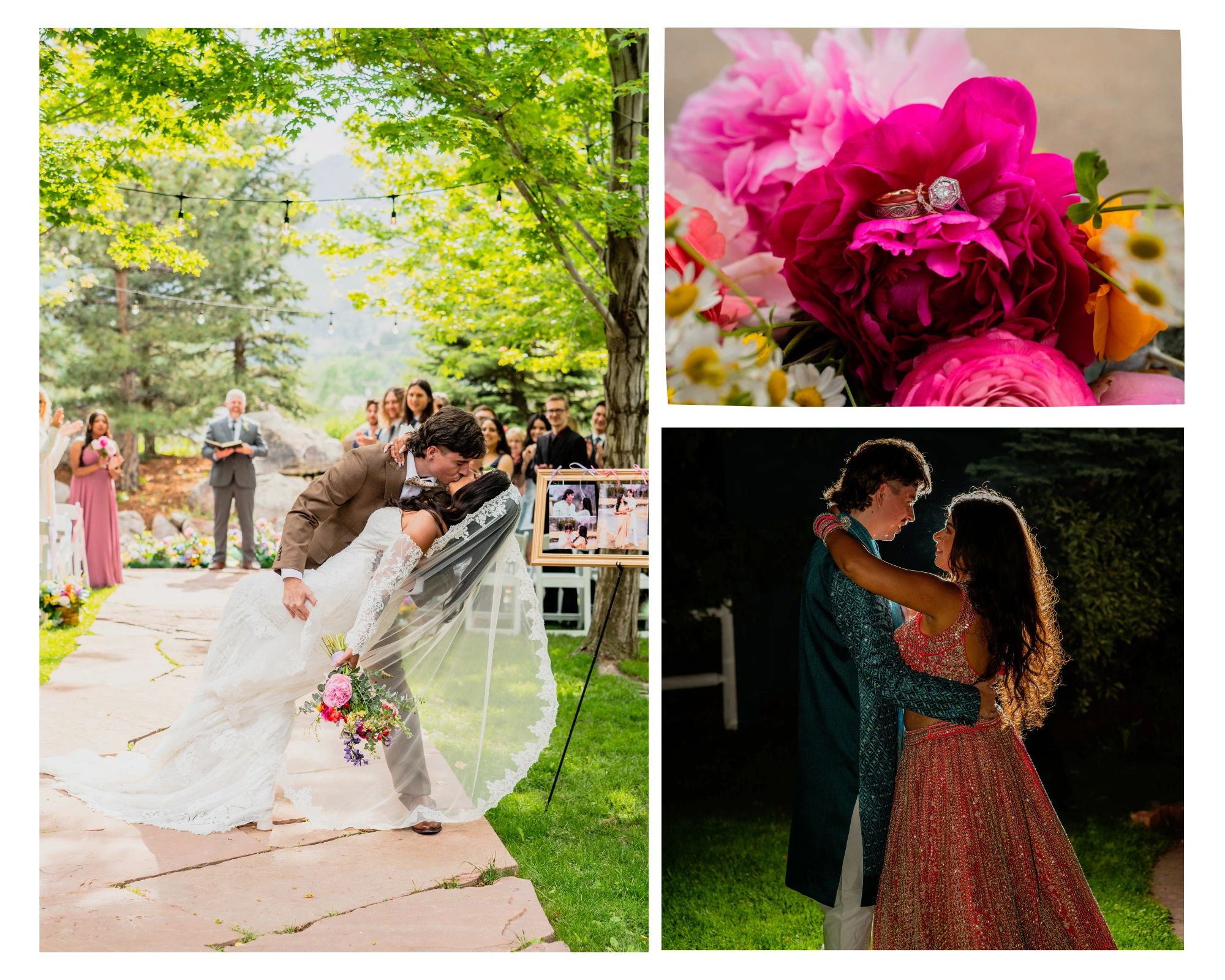 Wedding highlights: couple kissing, rings on flowers, and romantic dance.