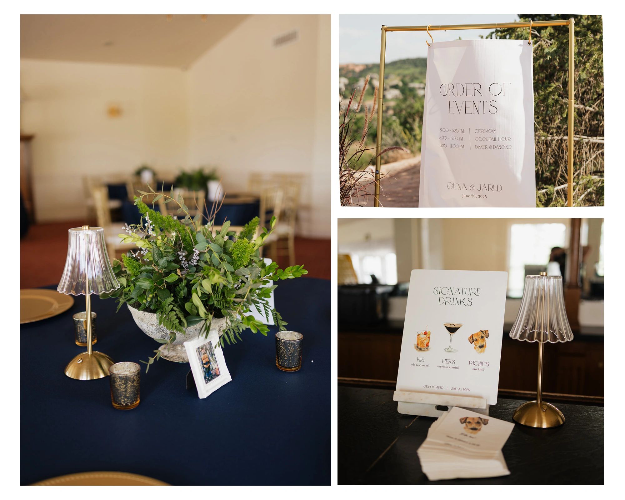 Elegant wedding reception setup with floral centerpiece and event signage.
