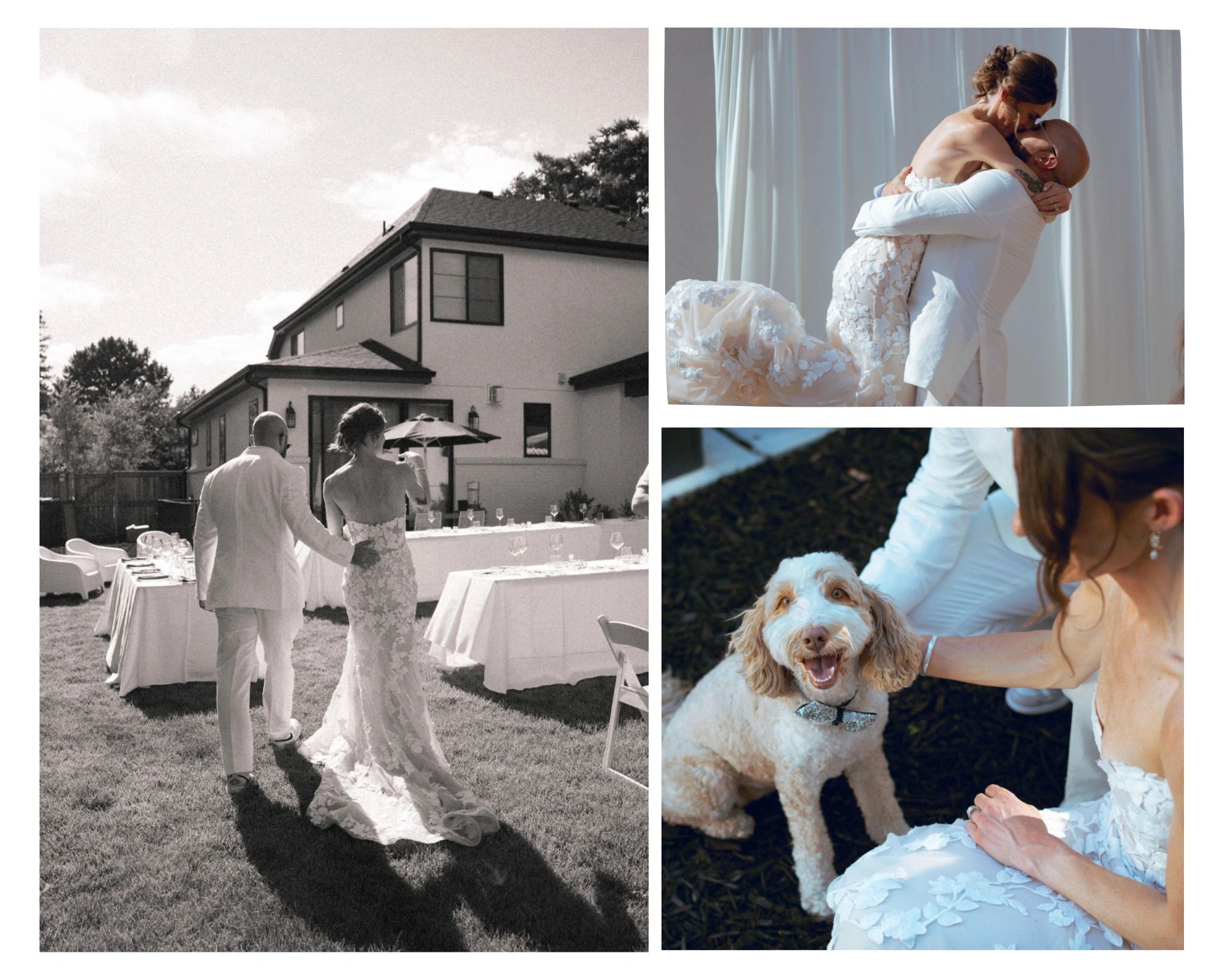 Couple celebrating wedding with dog.
