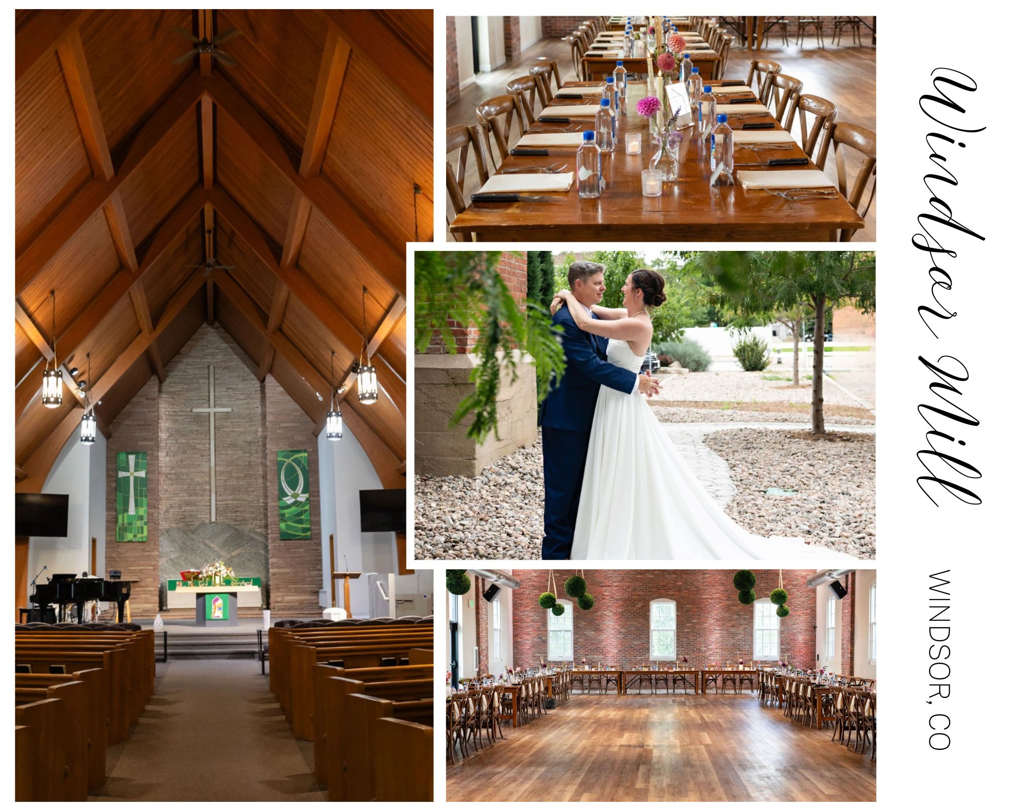 Wedding couple dancing, church interior, elegant dining setup.