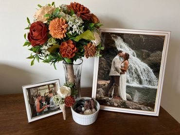 bridal bouquet and boutonniere with wood flowers for a destination wedding