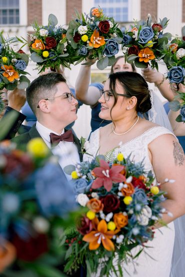 fall theme garden style bouquets with tiger lilies and roses