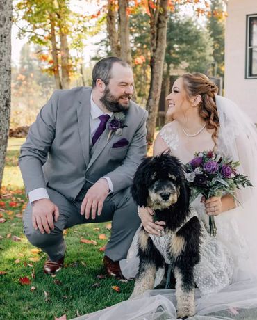 garden style bouquet with purple and gray wood flowers