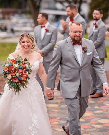 cascading bridal bouquet and groom boutonniere with sola wood flowers