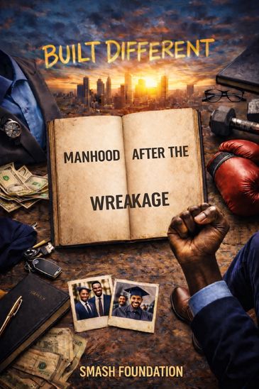 Inspirational book titled 'Manhood After the Wreakage' with boxing gloves and photos.
