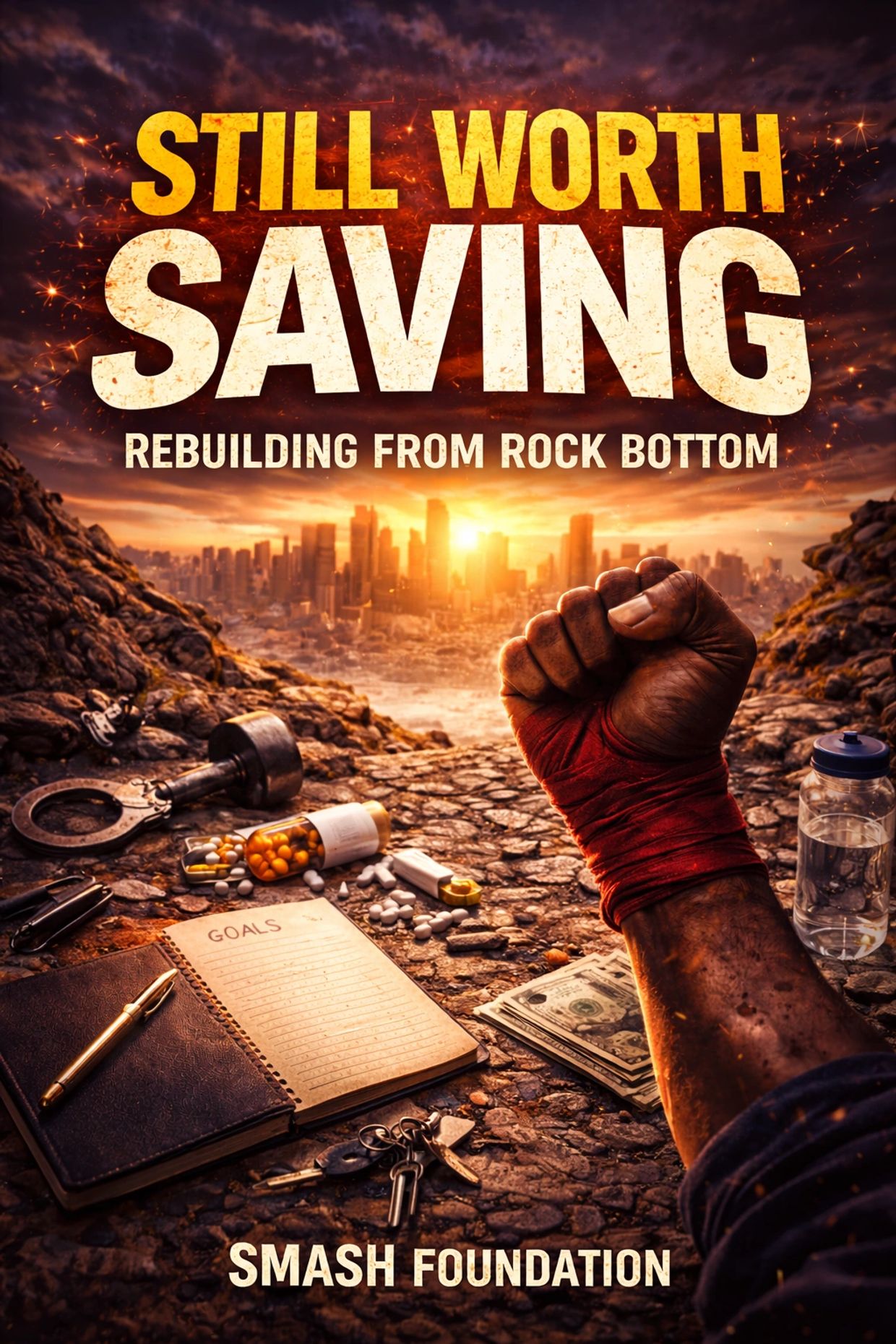 A determined fist rises from rocky ground with motivational text about rebuilding and goals.