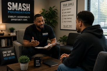 Two men engaged in a supportive conversation at SMASH Foundation.