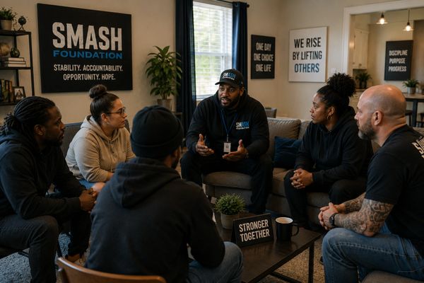 A group discussion at SMASH Foundation about support and growth.