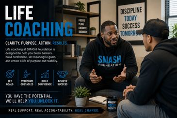 Life coaching session at SMASH Foundation focused on progress and success.