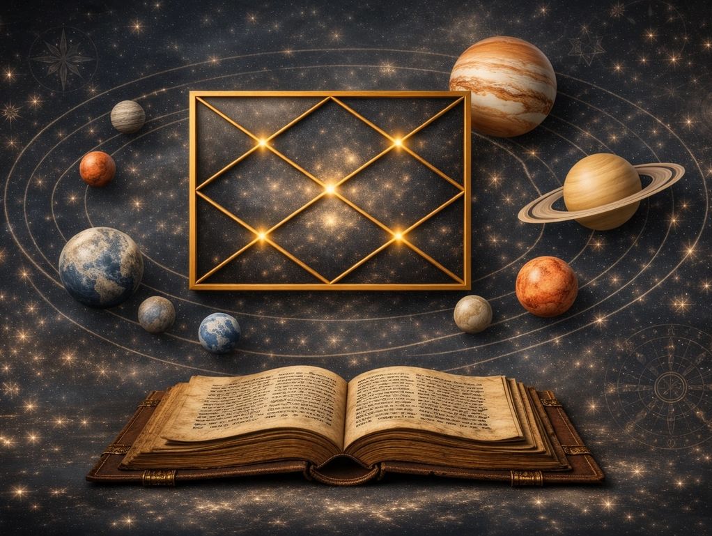 Ancient book with planets and glowing astrological chart.