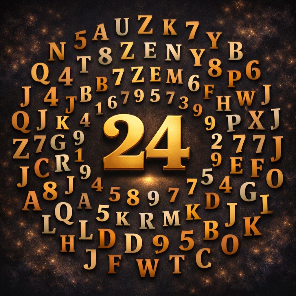 Golden number 24 surrounded by letters and numbers in circular pattern.