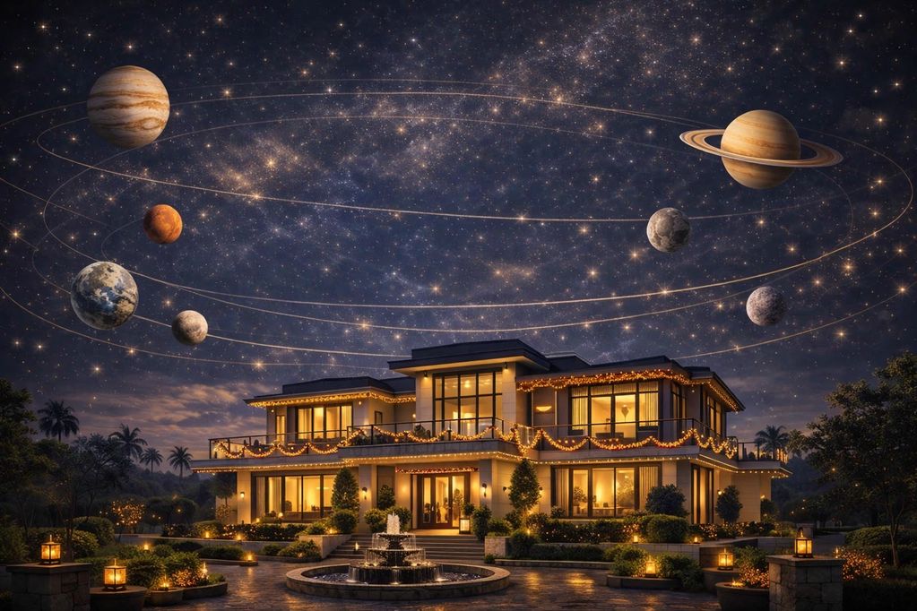 A lit house under a sky with orbiting planets.