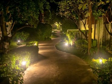 Illuminated garden path at night