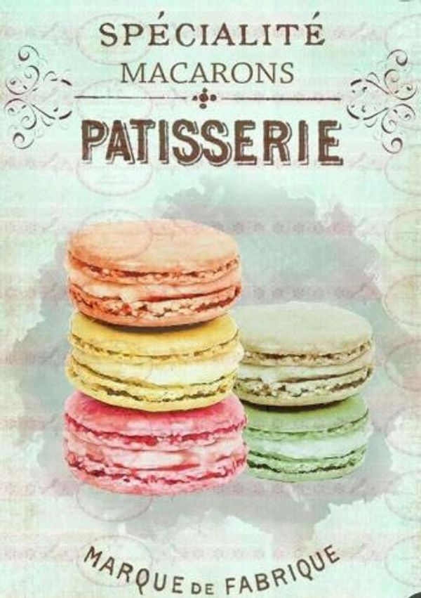 Vintage-style poster showcasing colorful macarons and French pastry text.