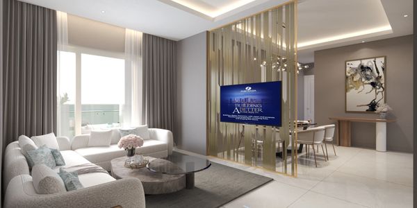 Modern living room with elegant white sofas and a gold partition holding a TV.