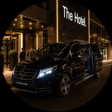 Black Mercedes van parked outside a hotel entrance at night.