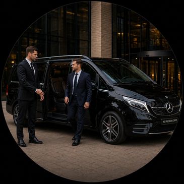 Two men in suits near a black Mercedes van outside a building.
