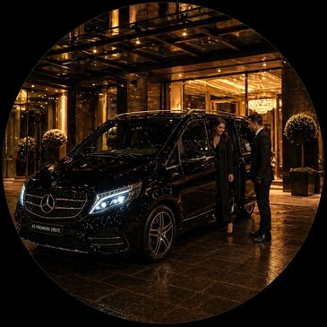A luxury black Mercedes van outside an elegant hotel at night.