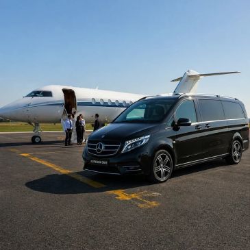 Luxury black Mercedes van parked near a private jet on runway.