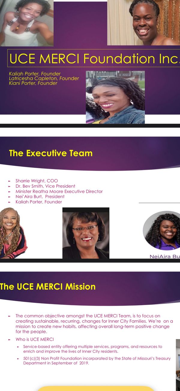 Presentation slides showing UCE MERCI Foundation's founders, executive team, and mission.