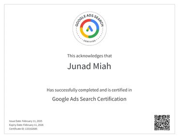 Google Ads Search Certification awarded to Junad Miah.