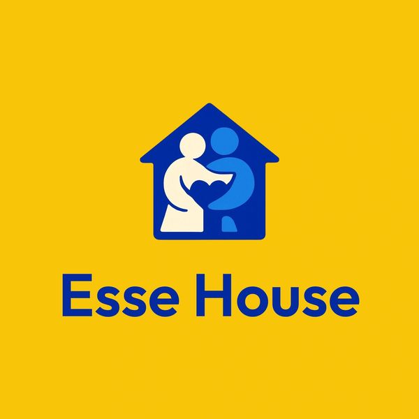 Logo of Esse House featuring two figures holding a heart inside a house shape.