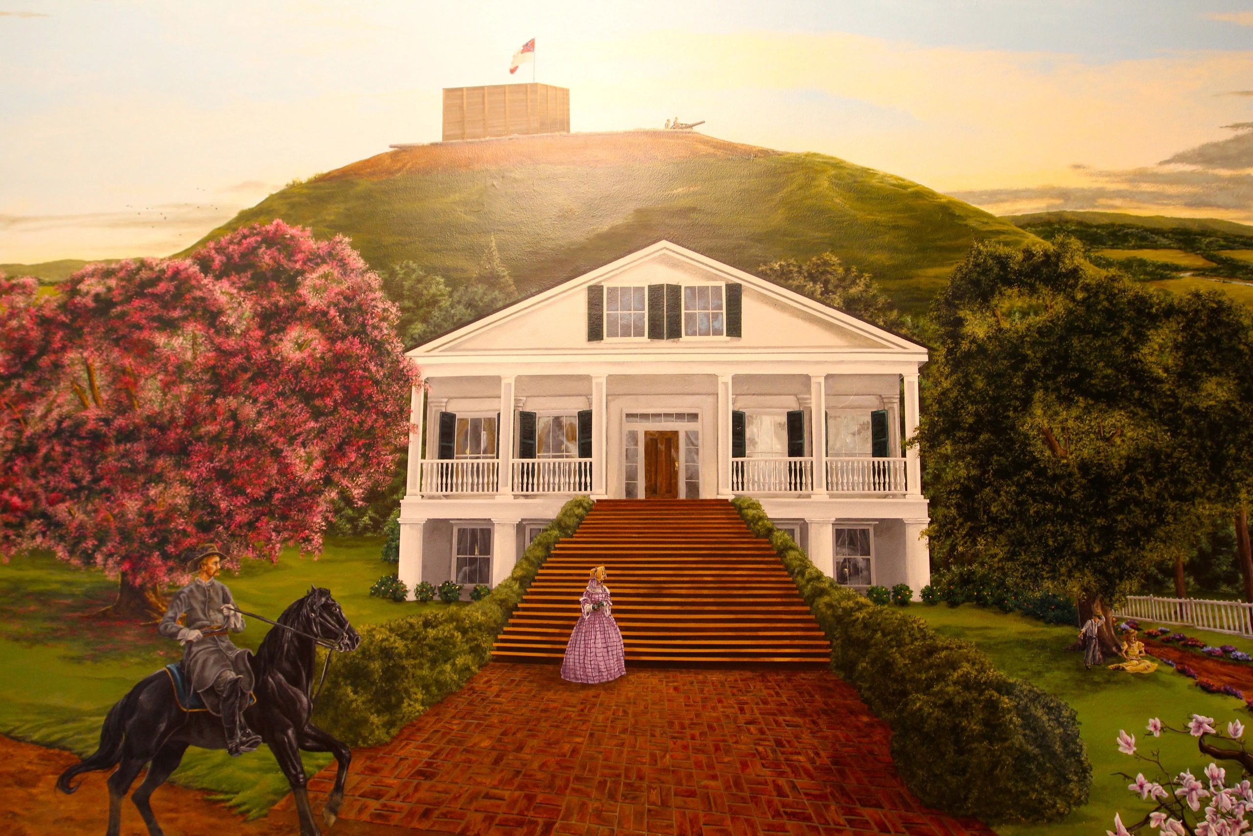 Detailed mural of Civil War era southern mansion on a spring morning with mounted soldier riding by