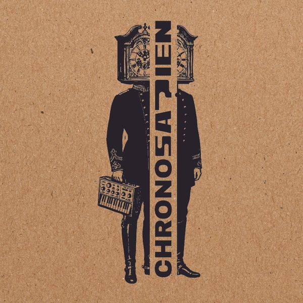 A split image of a man with a clock and a synthesizer as a head, labeled 'CHRONOSAPIEN'.