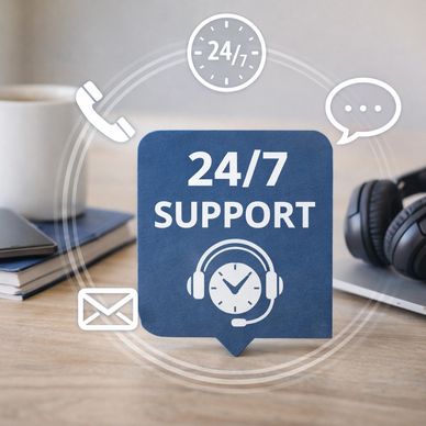 24/7 support concept with phone, chat, and email icons on a desk with headphones.