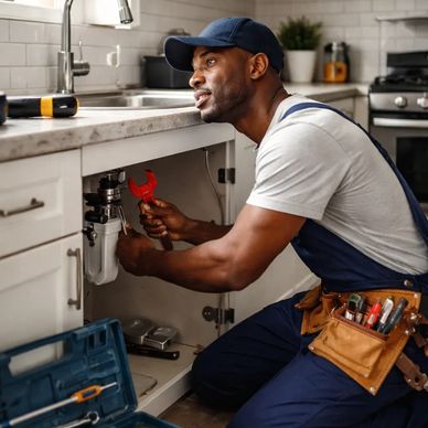 Plumber fixing a kitchen sink pipe with a wrench.
