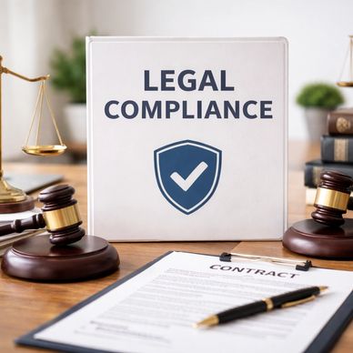 Legal compliance concept with gavels, scales, and contract on desk.