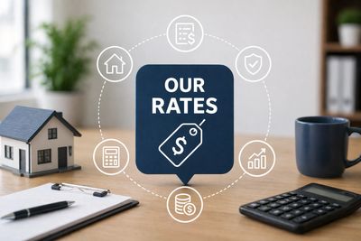 A desk setup with a sign reading 'Our Rates' surrounded by finance icons.