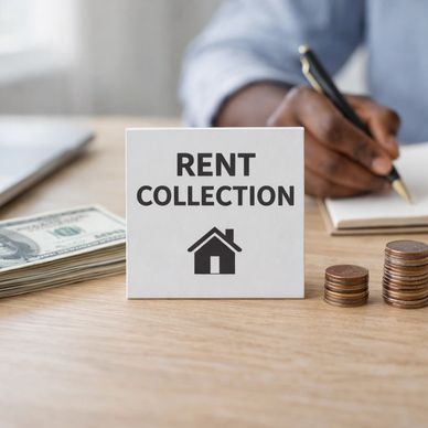 A sign reading 'Rent Collection' with money and a person writing in the background.