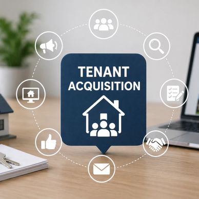 Tenant acquisition concept with icons representing communication and agreement.