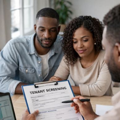 Couple reviewing a tenant screening form with an agent.